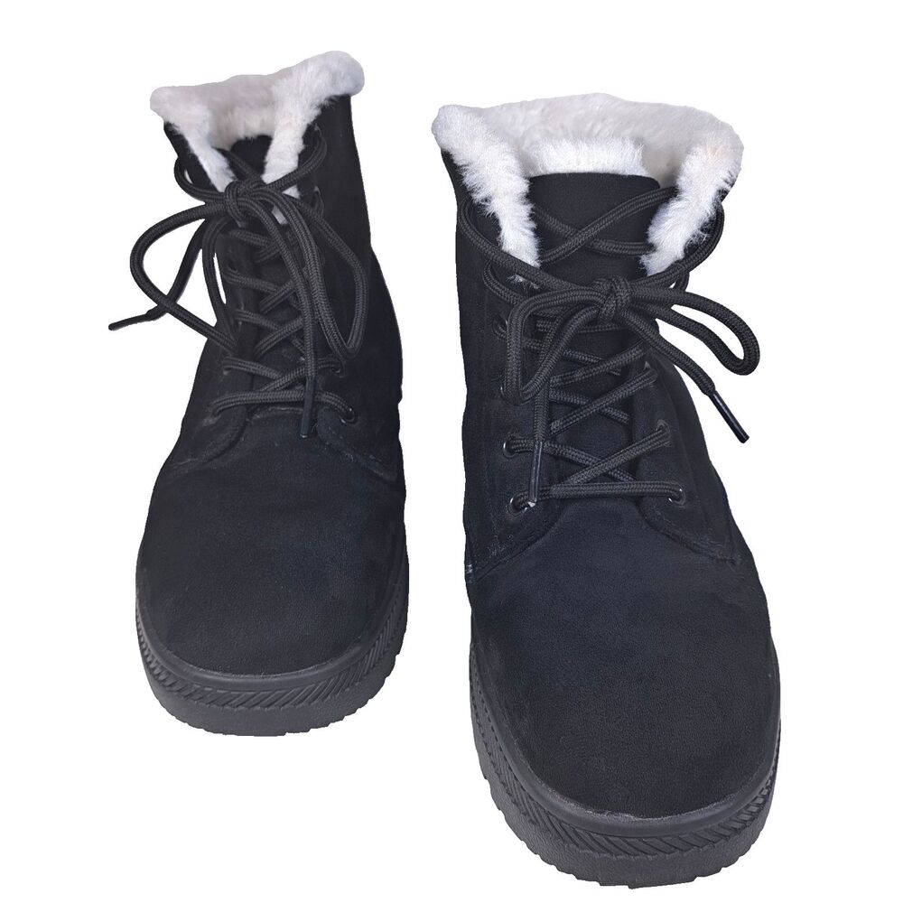 GO Winter Ankle Boots Faux Sherpa Lined size 38 (USA 7-71/2) Chunky Black Suede